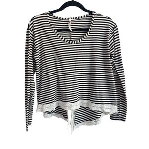 Poof!‎ Striped Boho Long Sleeve Cotton Blend Lace Detail High Low Slit Back M